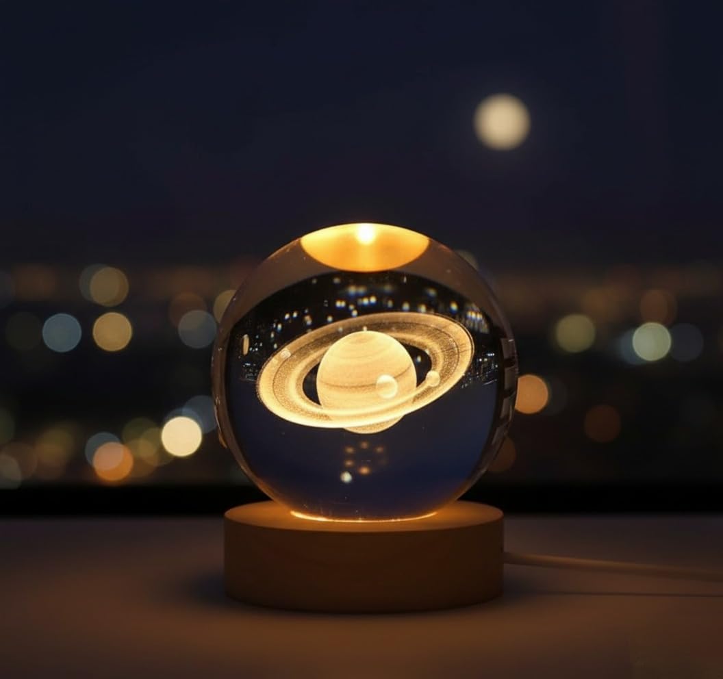 Buy 3D Saturn Crystal Ball Night Lamp with Wooden LED Base